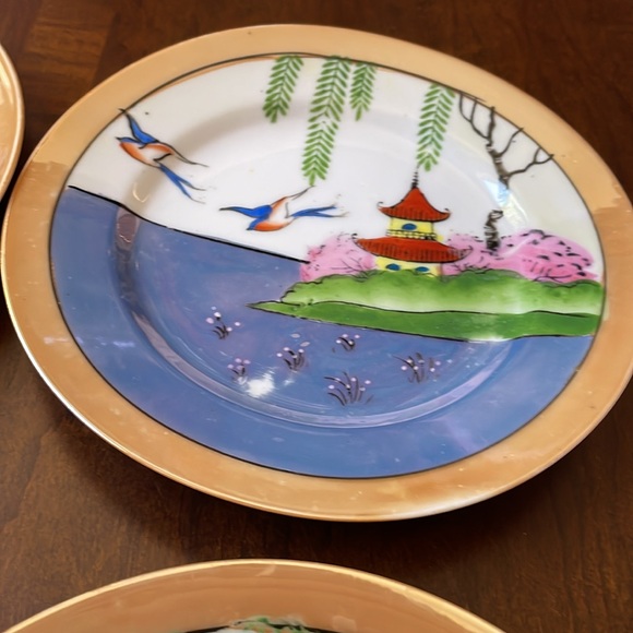 VTG set of 4 lusterware porcelain Japan plates pagoda birds scene - Picture 3 of 10